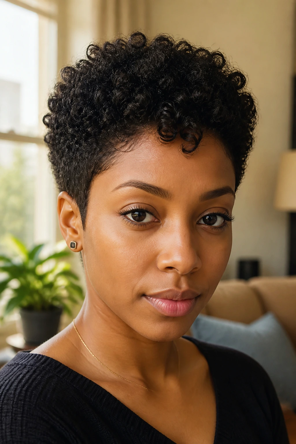 Close-up portrait of a real woman with protective natural curly pixie, showing short sides and rounded top.