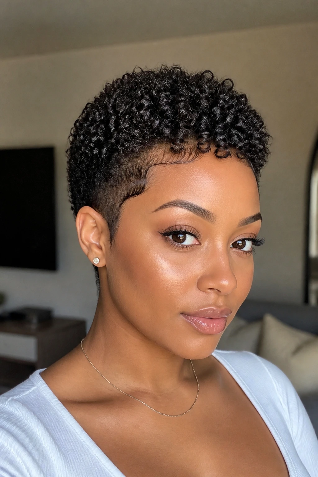 Real person with protective textured pixie in cozy living room