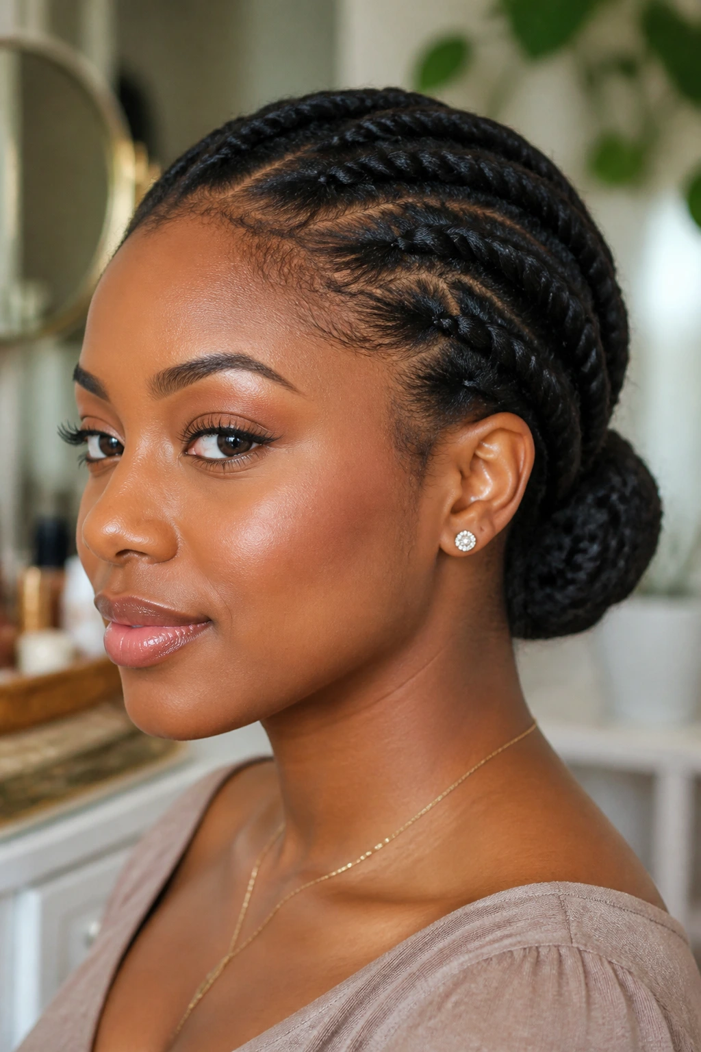 Close-up of woman with low protective twist bun