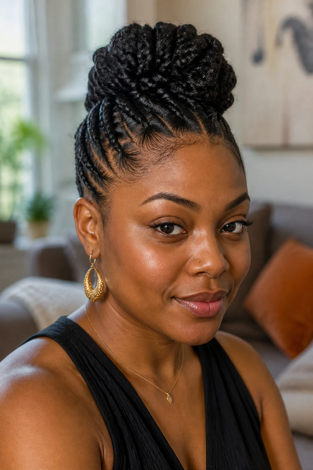 Close-up of a real Black woman with a protective updo hawk, center ridge resting and braids stacked upward.