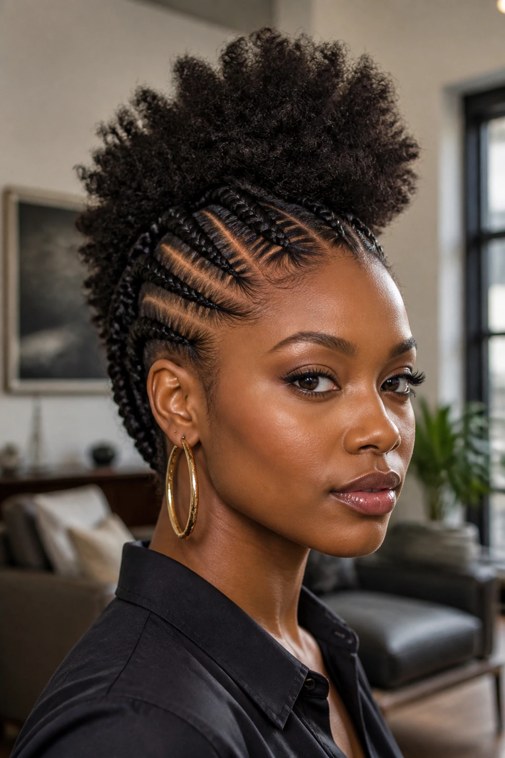 Close-up portrait of a real person with a puff-and-braid combo mohawk, braided edges and a big center puff