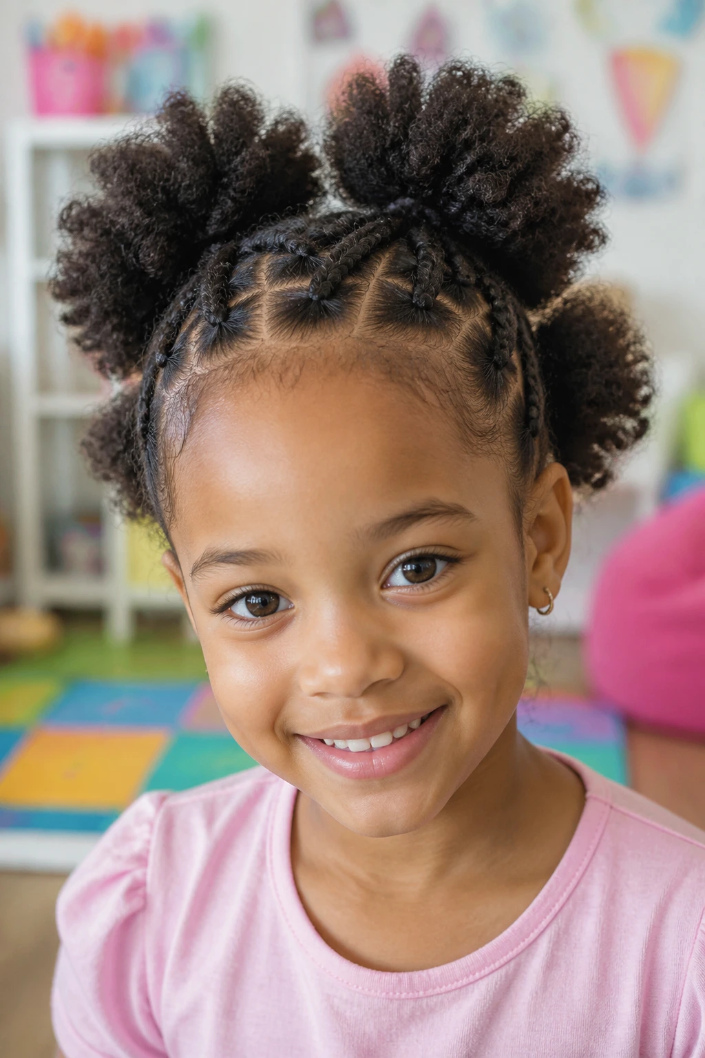 Portrait of a child with puff-and-braid mix showing texture in a playroom