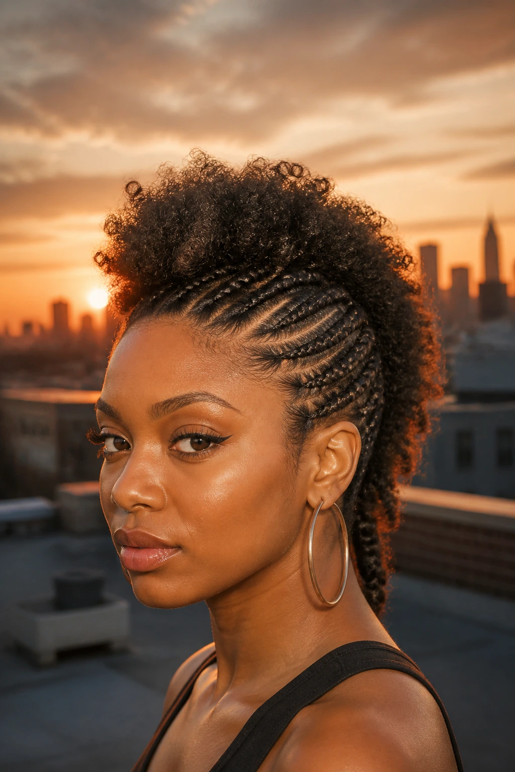 Close-up of a real Black woman with puff-and-braid hybrid frohawk at sunset