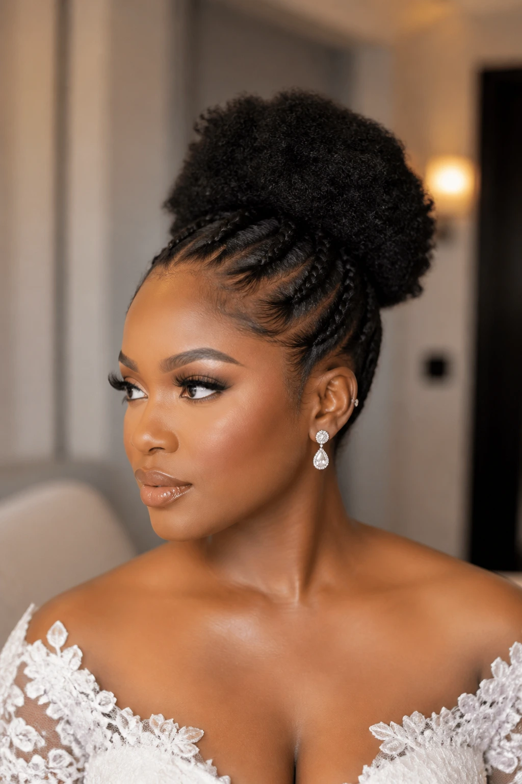 Real bride with puff hairstyle and braided base, head-and-shoulders portrait.