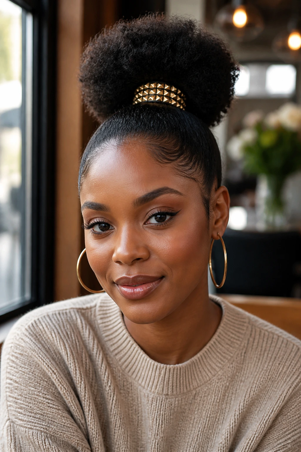 Close-up of Puff Cuff Statement Ponytail hairstyle on a real person