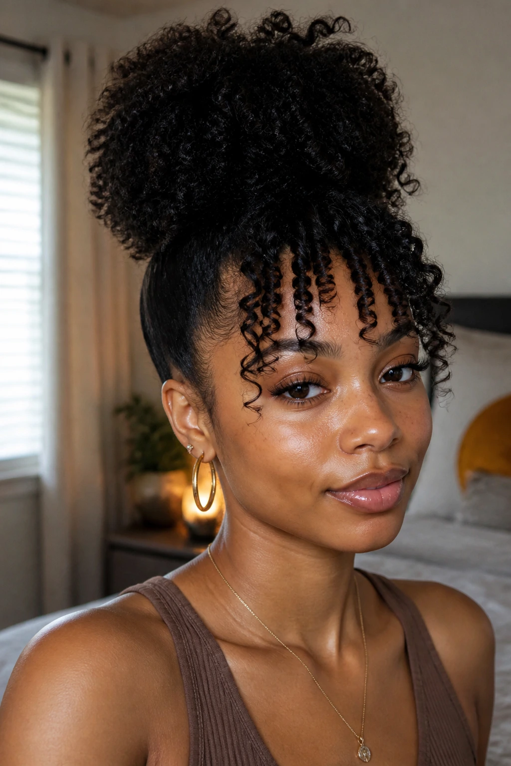 Close-up of a real woman with a puff and curly bangs framing the face.