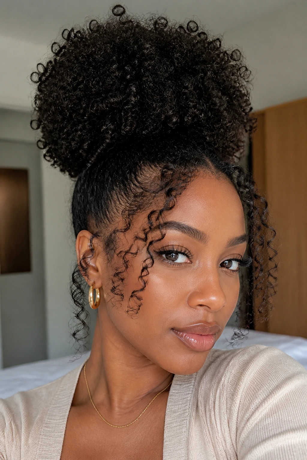 Close-up of a real woman with a puff and curly tendrils framing the face
