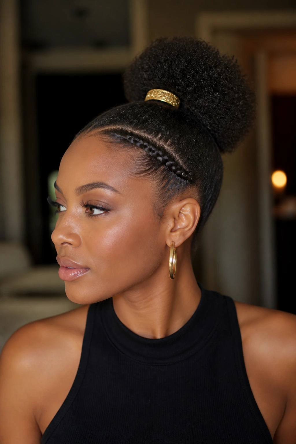 Portrait showing a puff ponytail with a small front braid detail