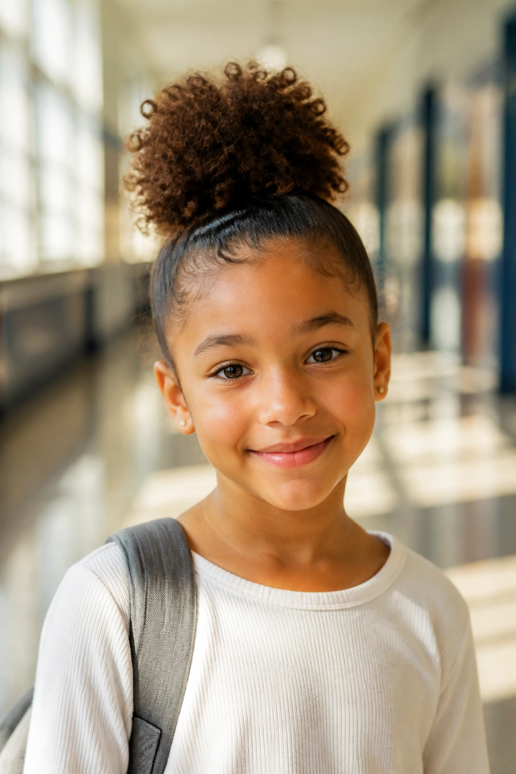 Portrait of a girl with a puff hairstyle and simple outfit in a school setting