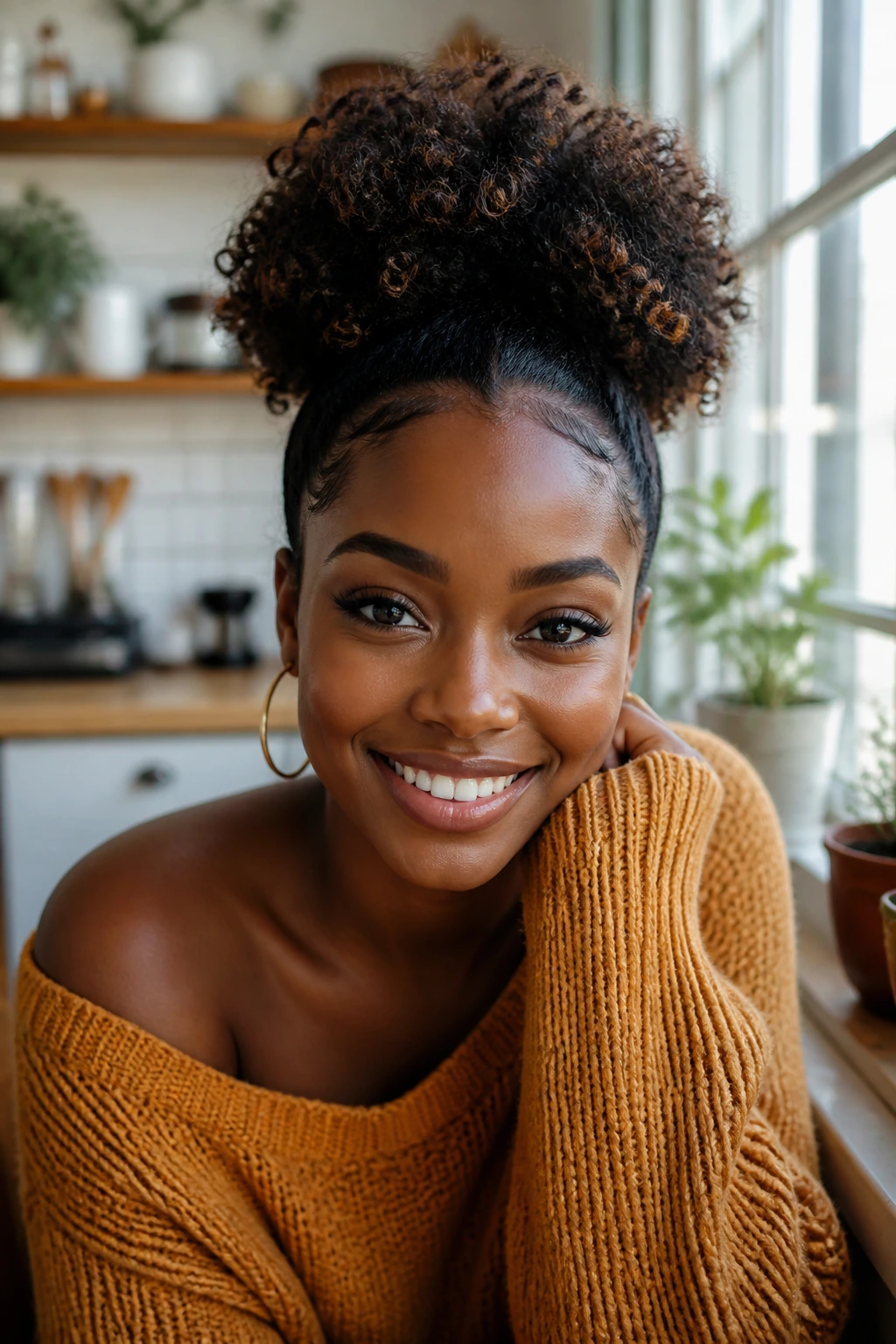 Close-up portrait of a real Black woman with a puff hairstyle in a bright setting