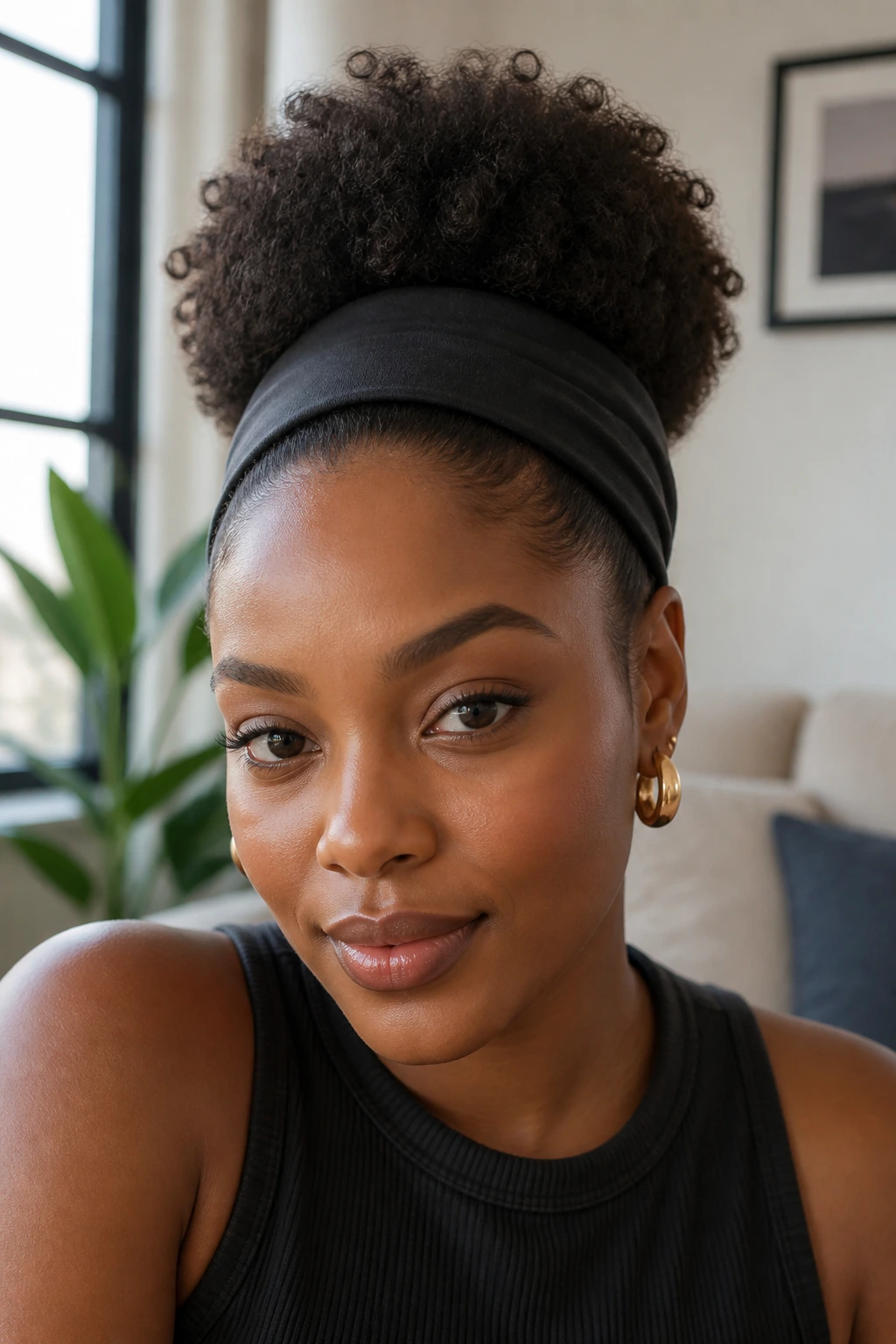 Close-up of a real woman wearing a wide headband with a full puff.