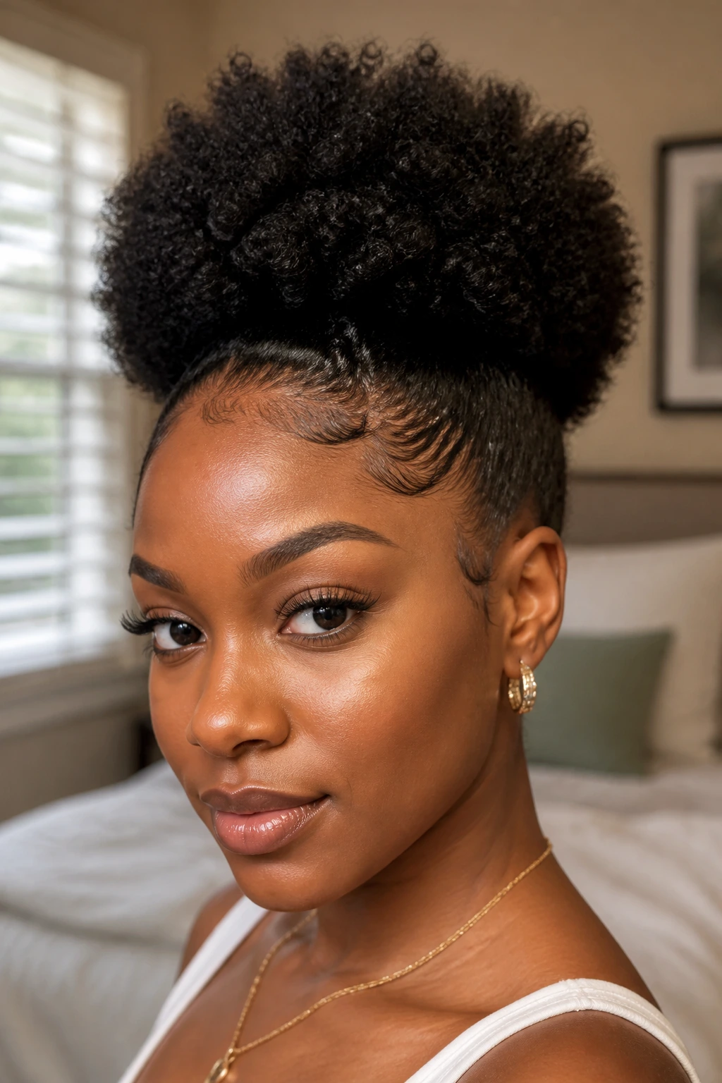Close-up of a puff hairstyle with laid edges