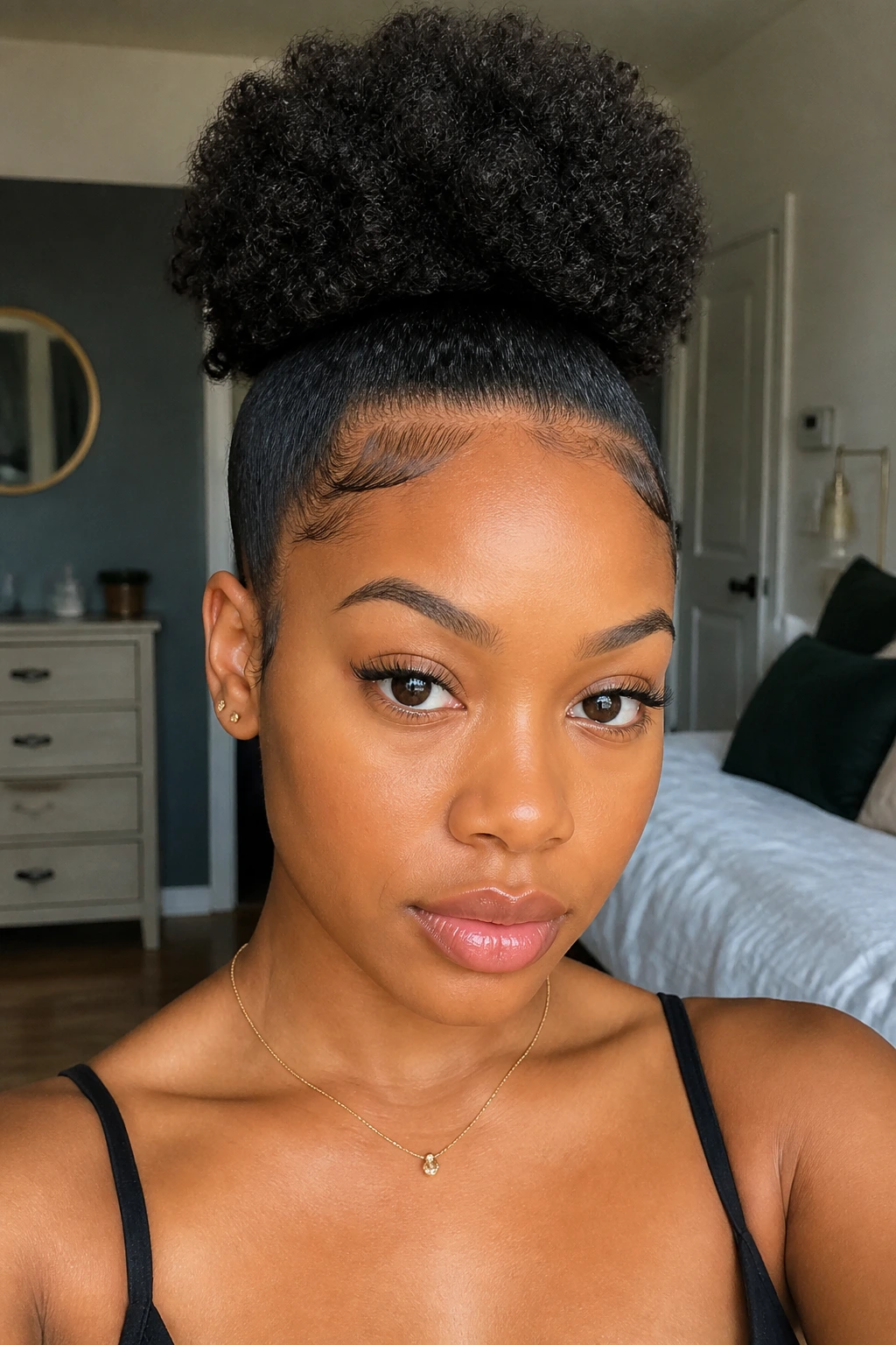 Close-up of a real Black woman with a puff and laid edges, natural light
