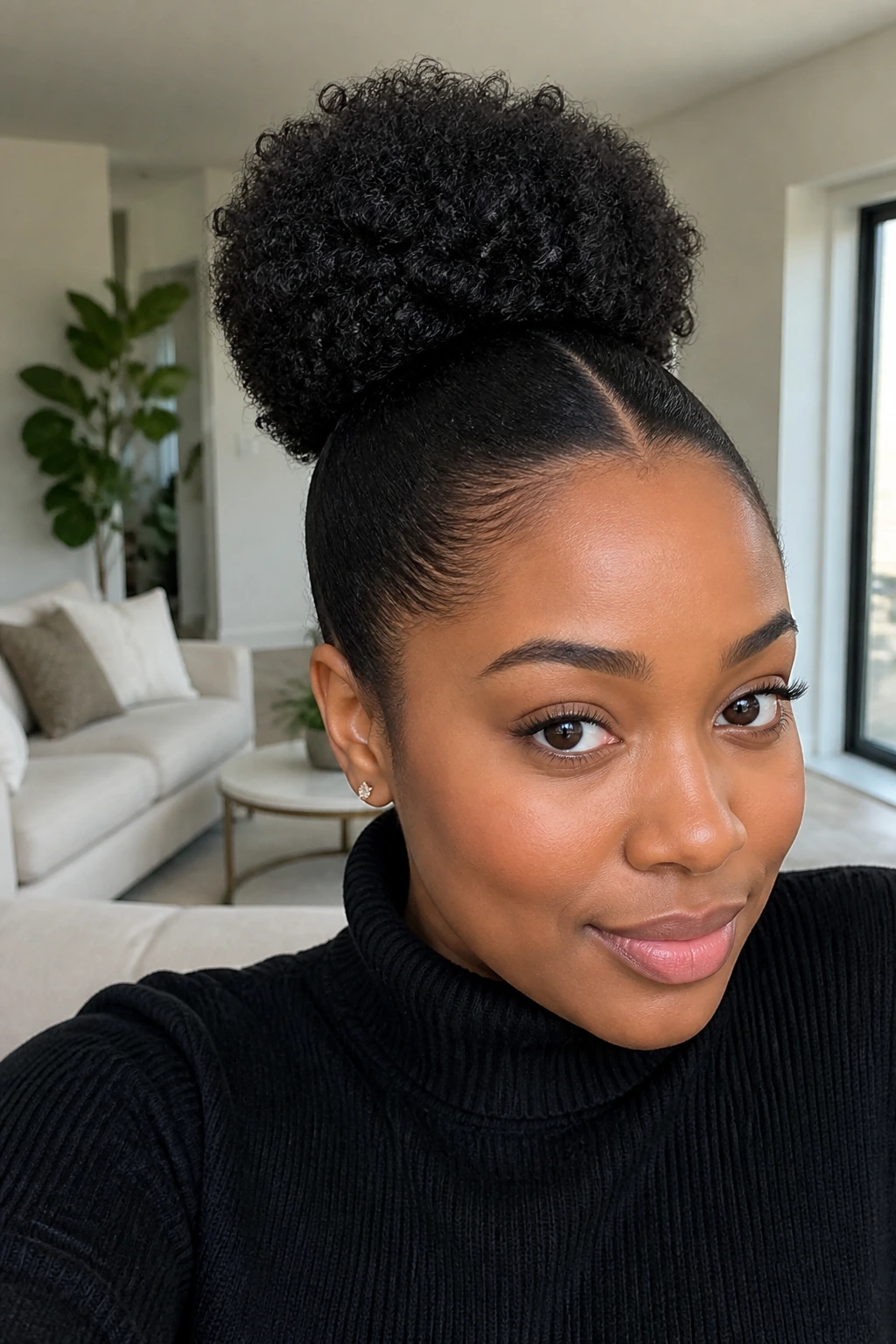 Close-up of a real woman's head showing a minimalist clean-line puff