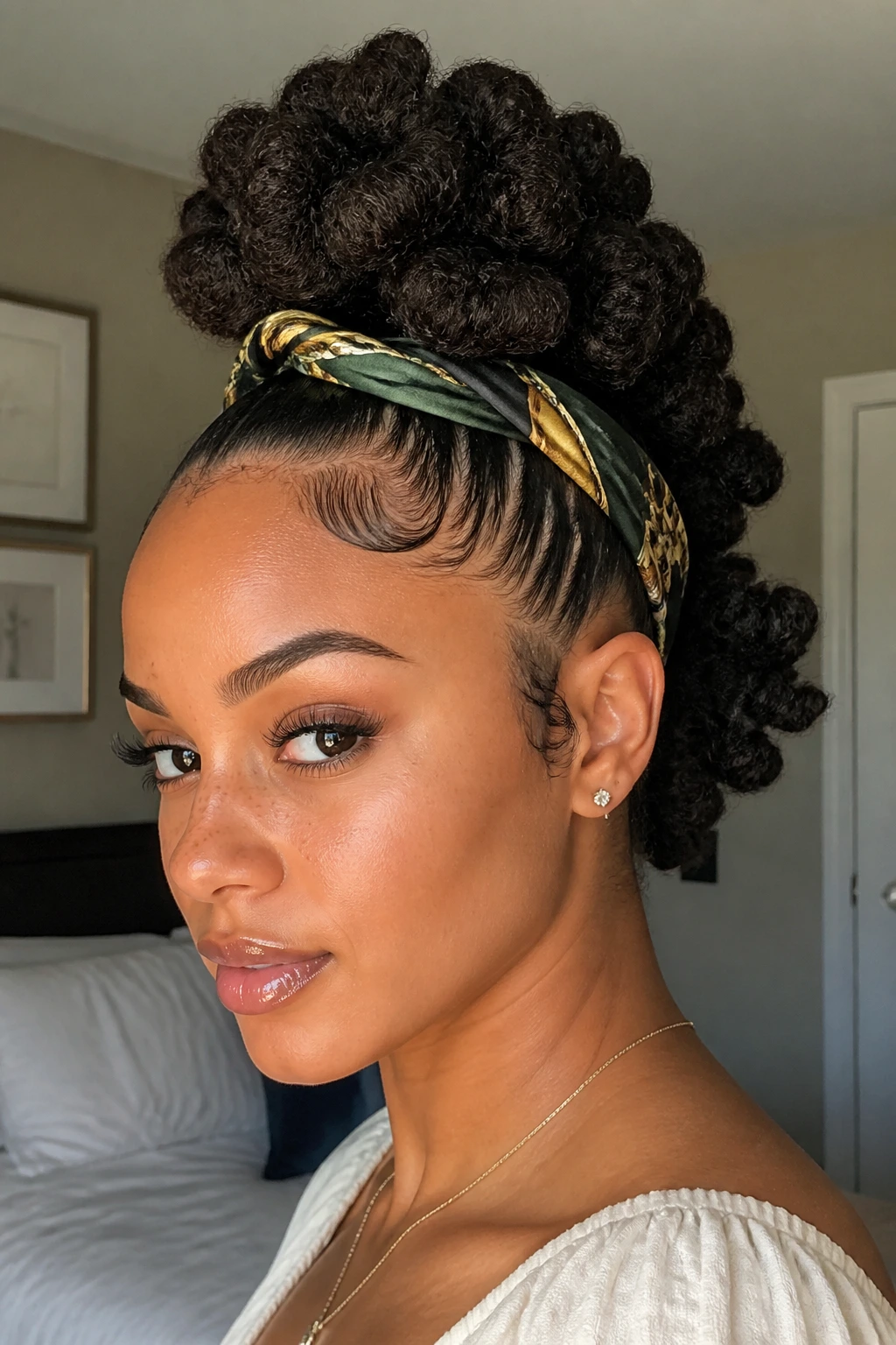 Close-up of a real woman with puff pony faux hawk hairstyle