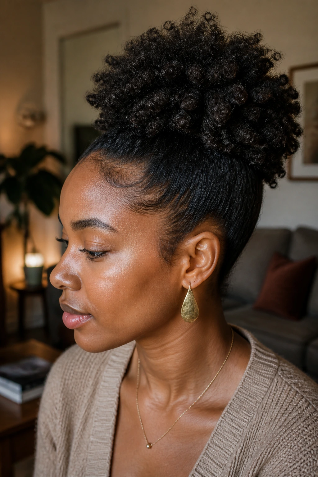 Portrait of a woman with a textured puff ponytail on natural hair in a cozy setting