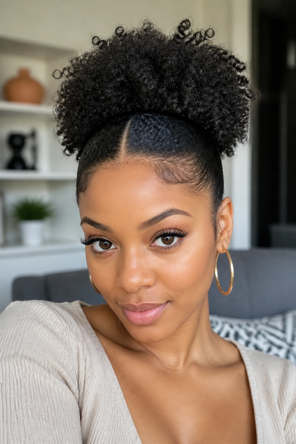 Portrait of a real woman with a neat puff ponytail