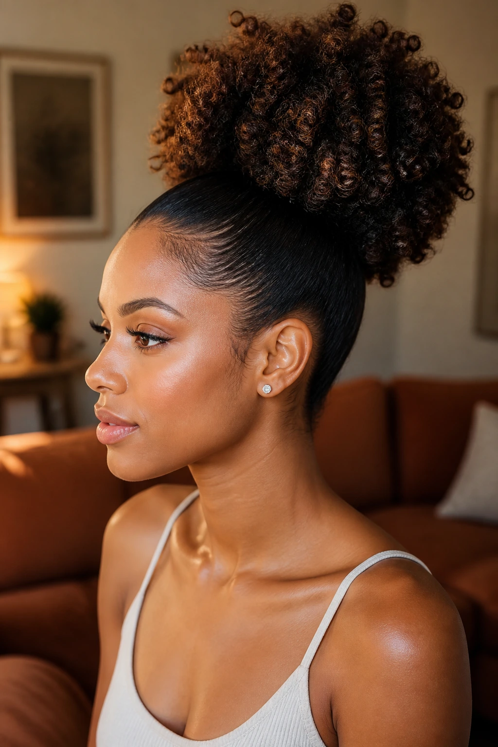 Profile view of woman with a rounded puff ponytail and smooth hairline.