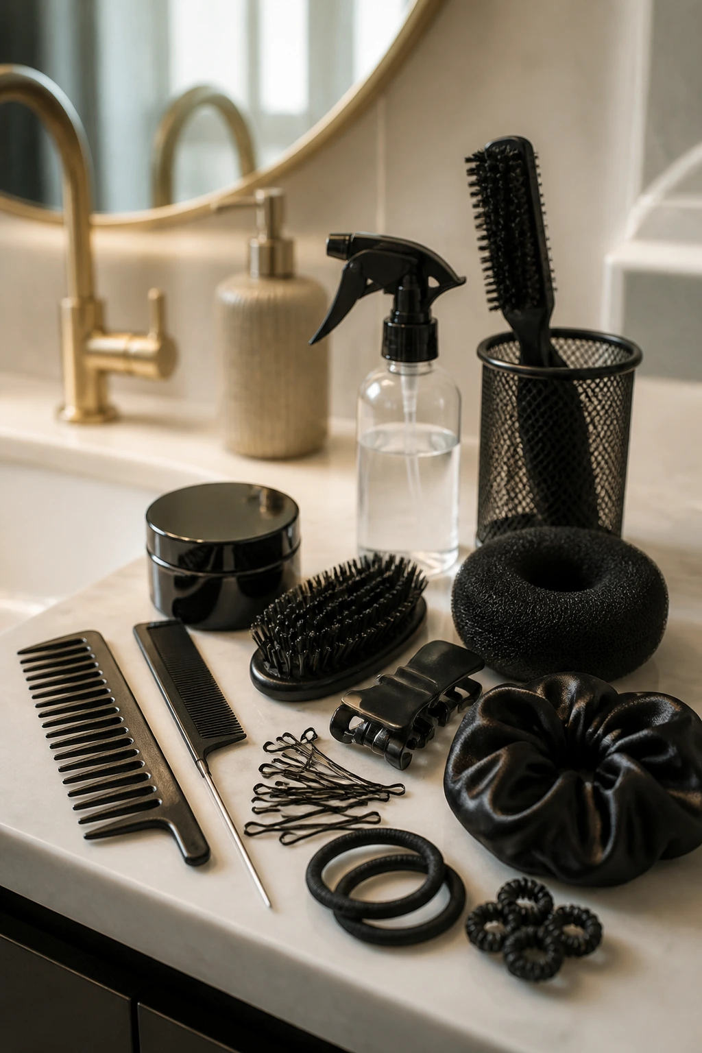 Close-up of essential puff ponytail styling tools arranged on a vanity