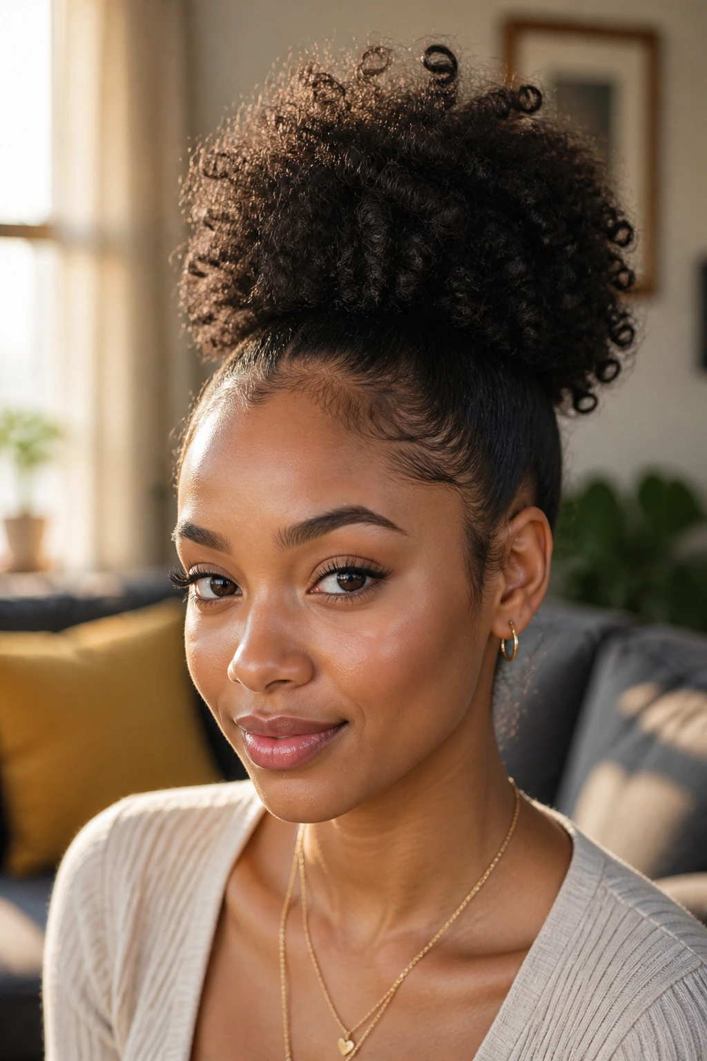 Close-up of a person with a voluminous puff ponytail in a cozy living room