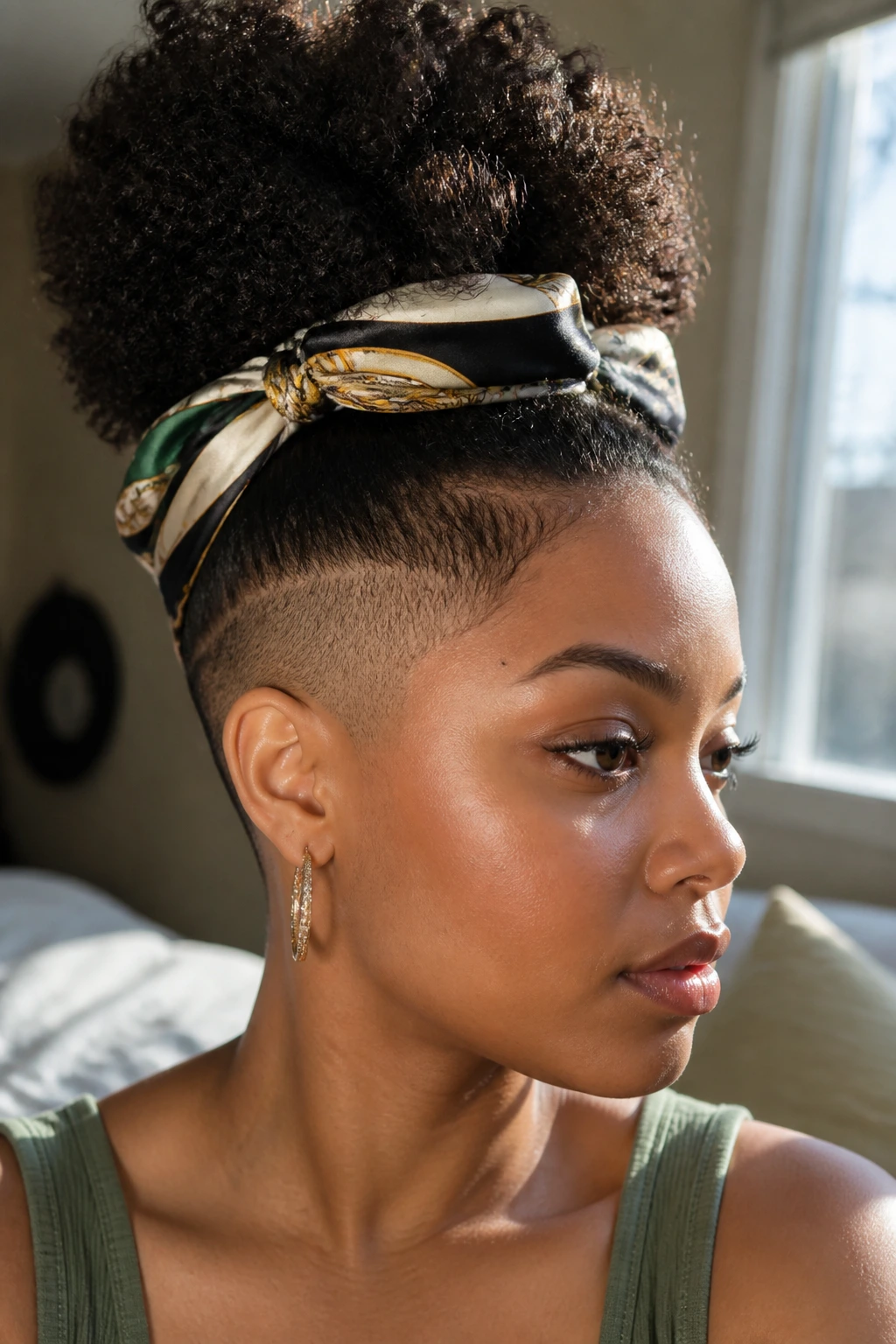 Close-up of a real person with puff, scarf and buzzed temple