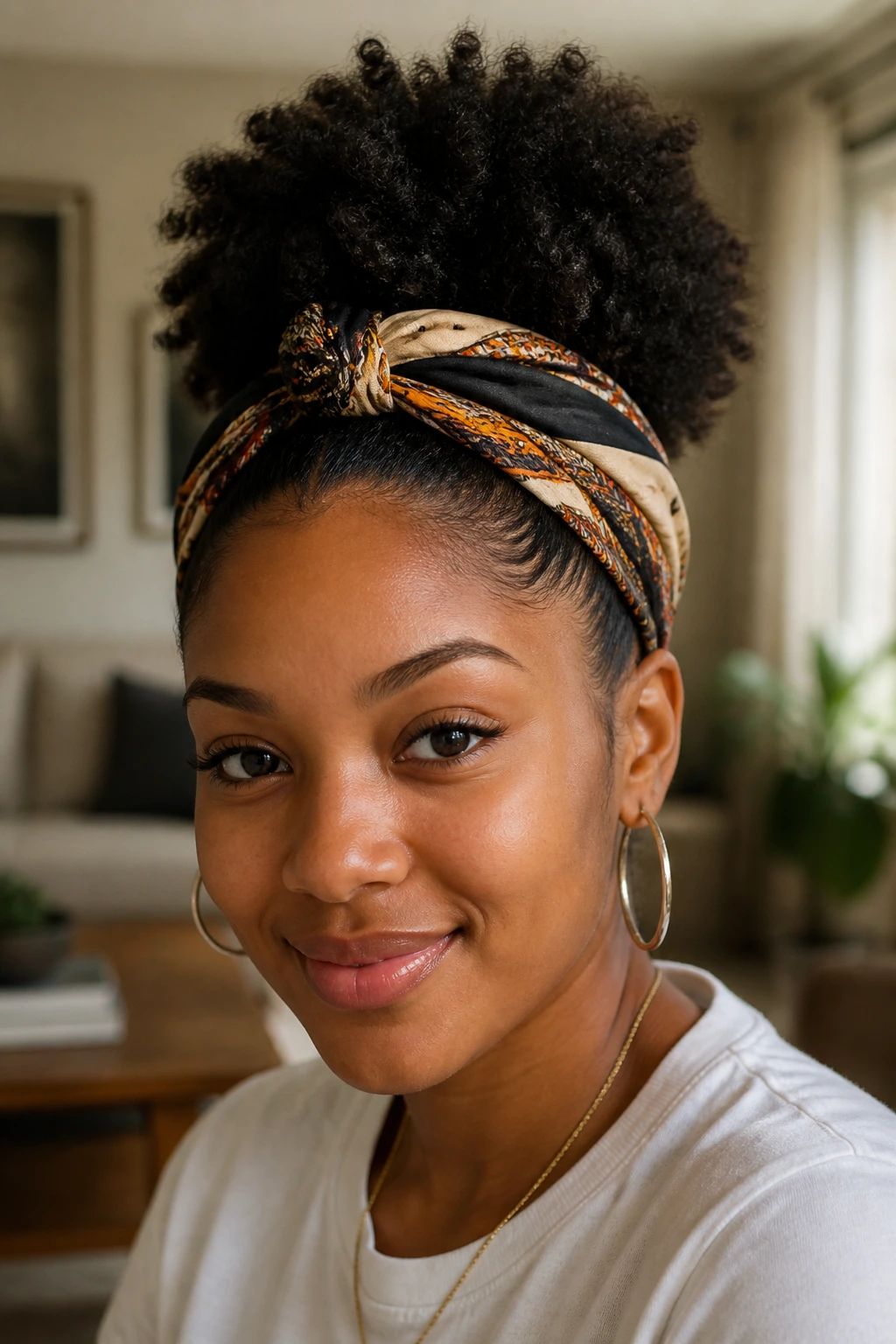 Close-up of a real woman with a scarf-wrapped puff at the crown.