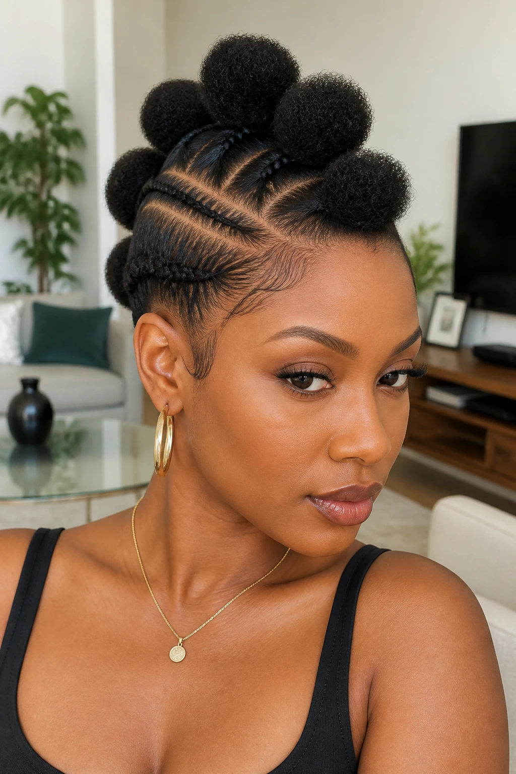 Close-up of puff-segment mohawk on a real person in a bright living room