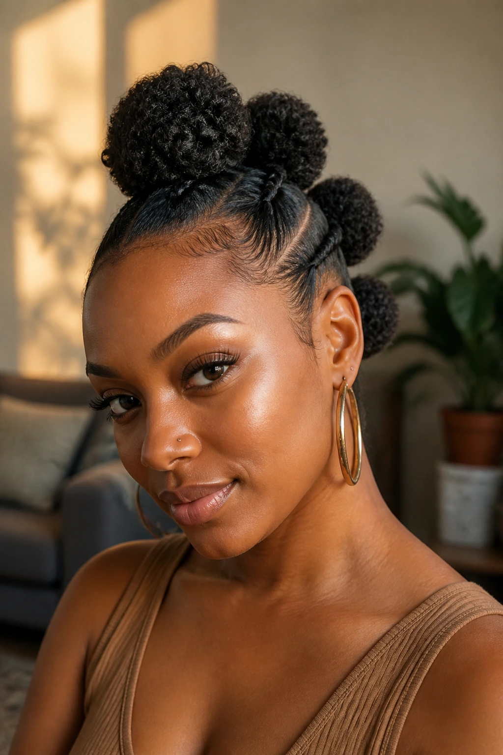 Close-up of a real woman with multiple centered puffs along a frohawk.