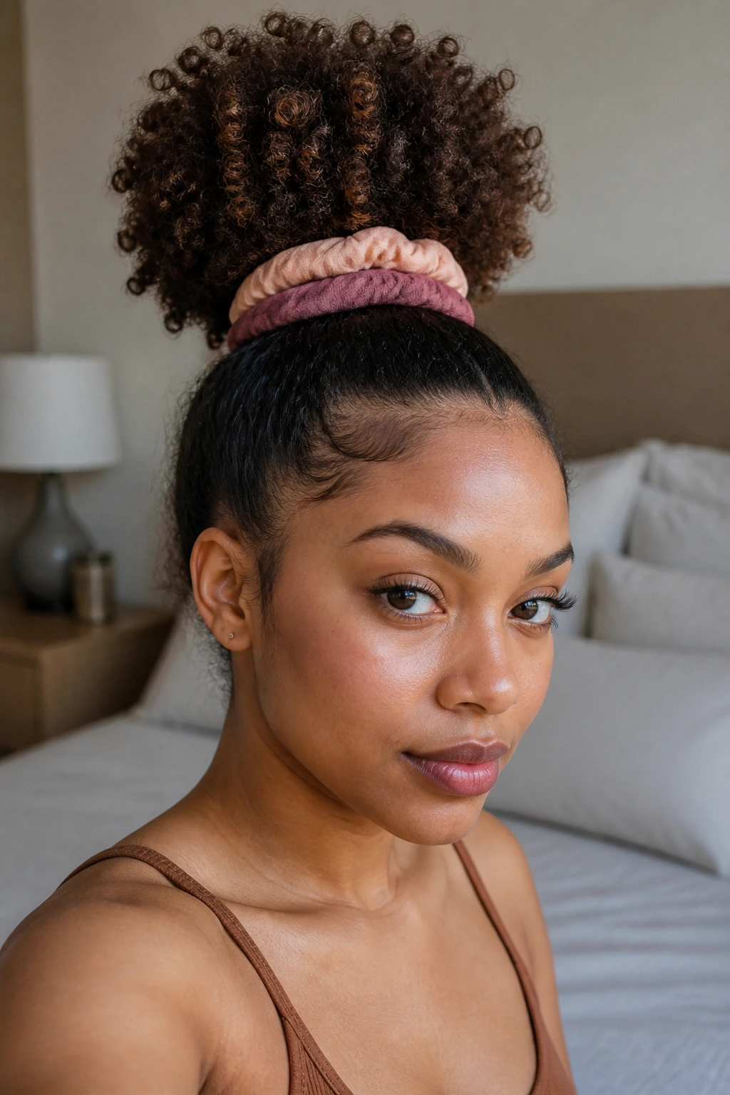Close-up of a real woman's puff hairstyle with stackable scrunchies, filling frame