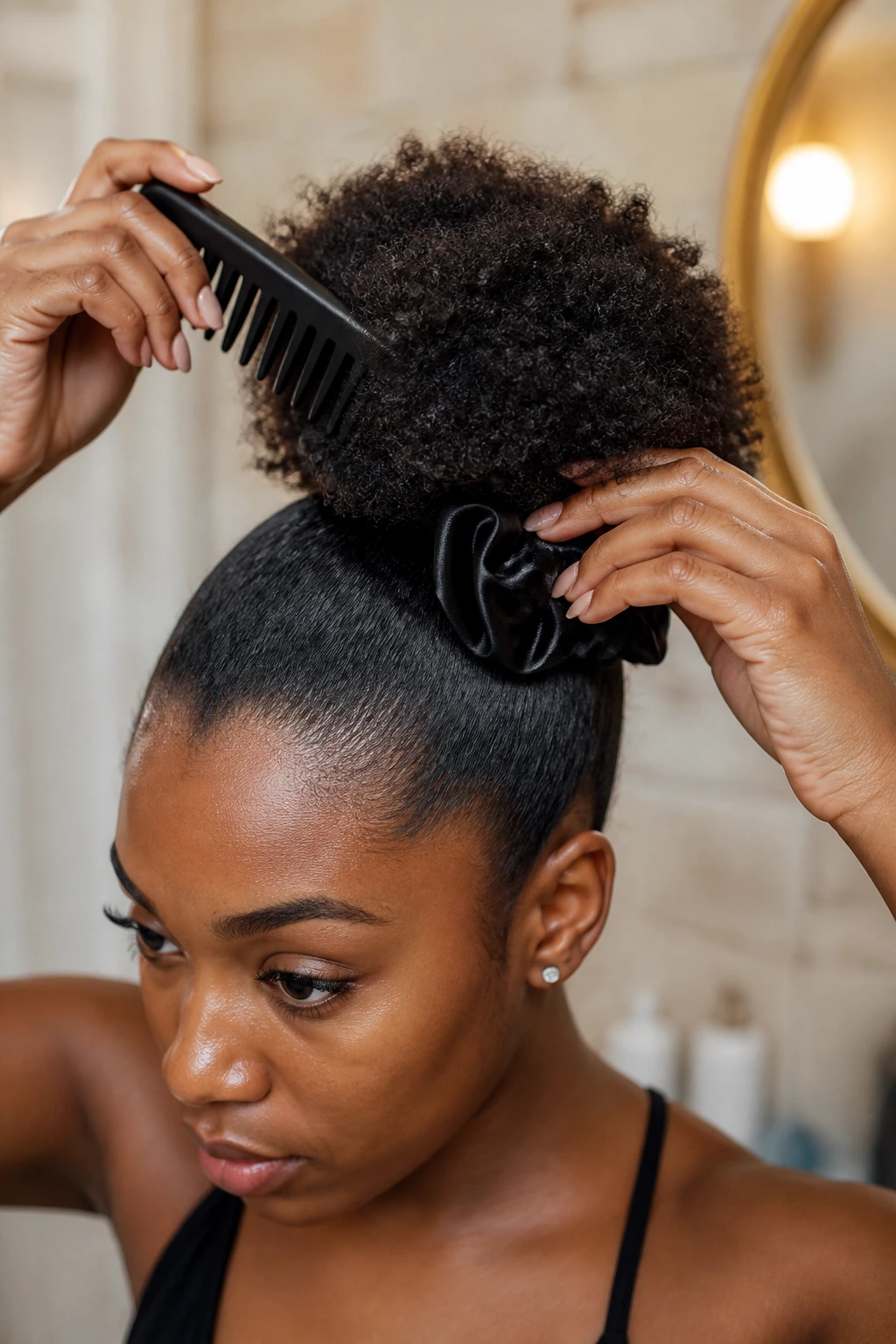Close-up of a real person with a puff being shaped with a comb and satin scrunchie.