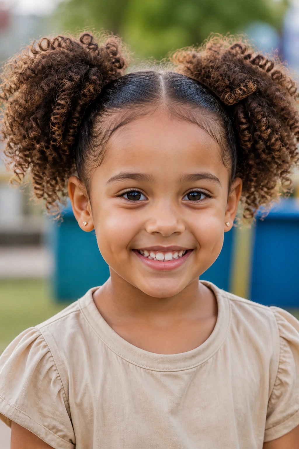 Close-up of a girl with puffball pigtails in bright daylight.