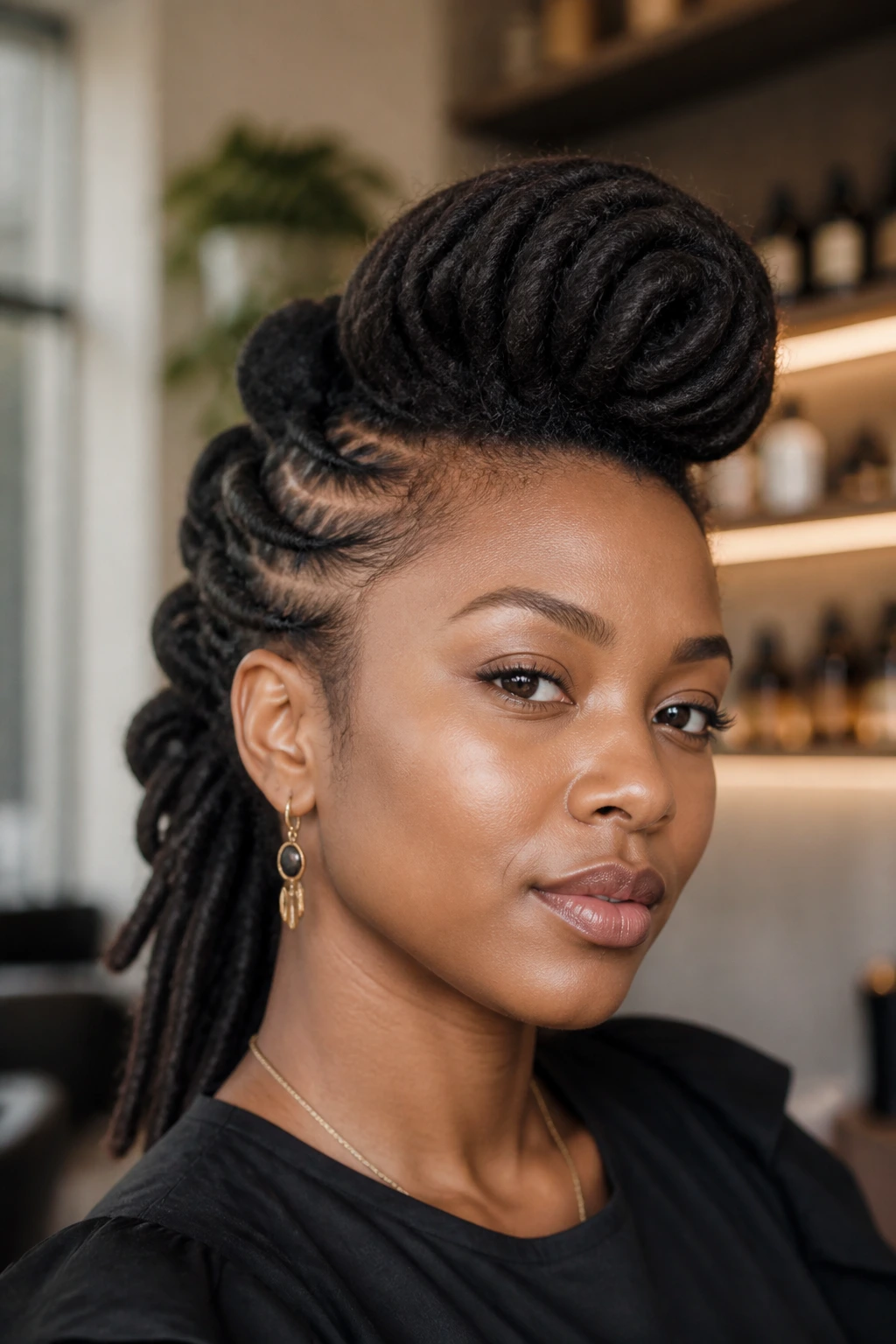 Close-up portrait of a real person with a Puffed Front Pompadour Mohawk showing a lifted front section and centered ridge.