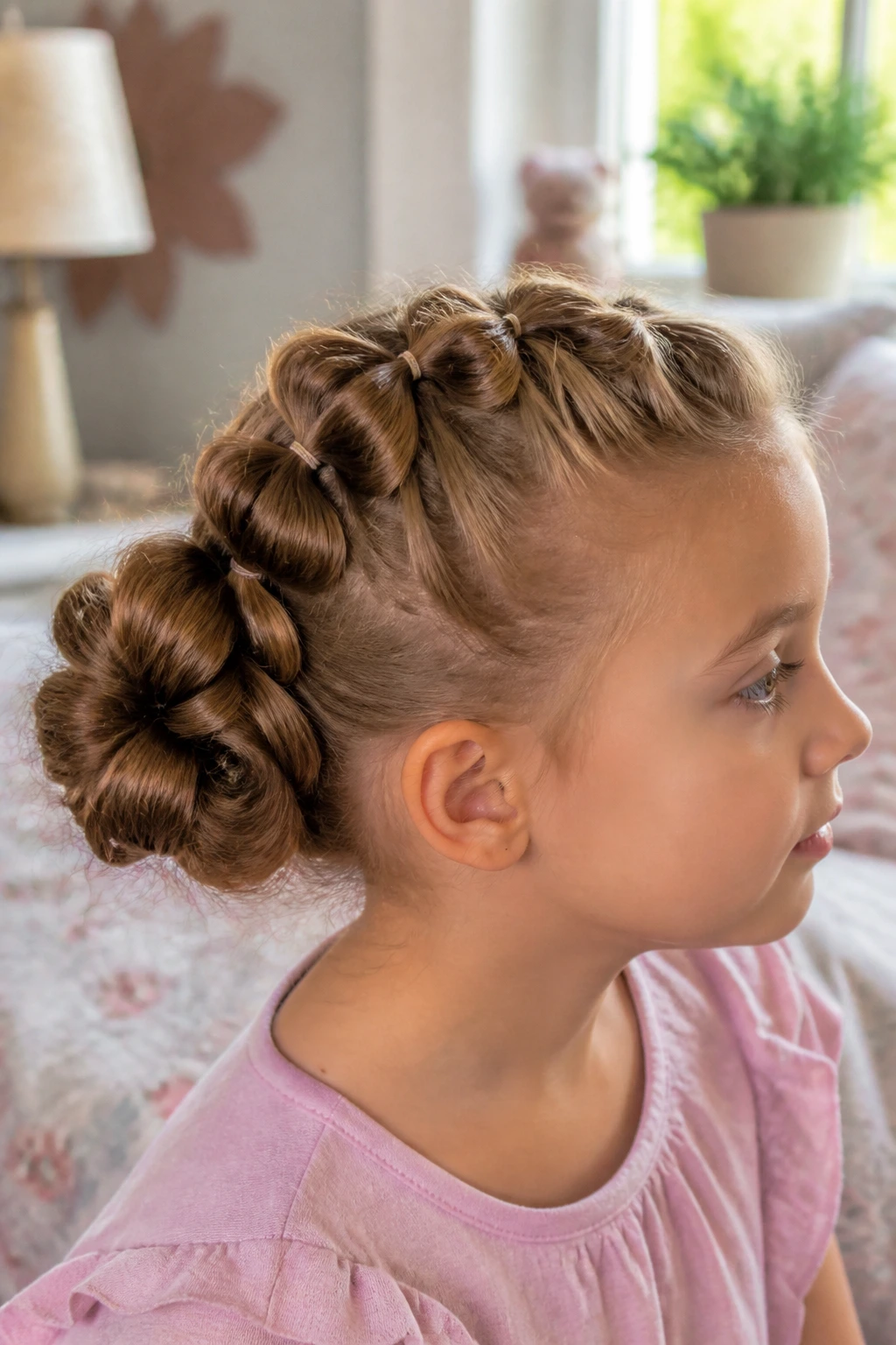 Close-up of a real girl's head showing pull-through braid bun with looped sections.