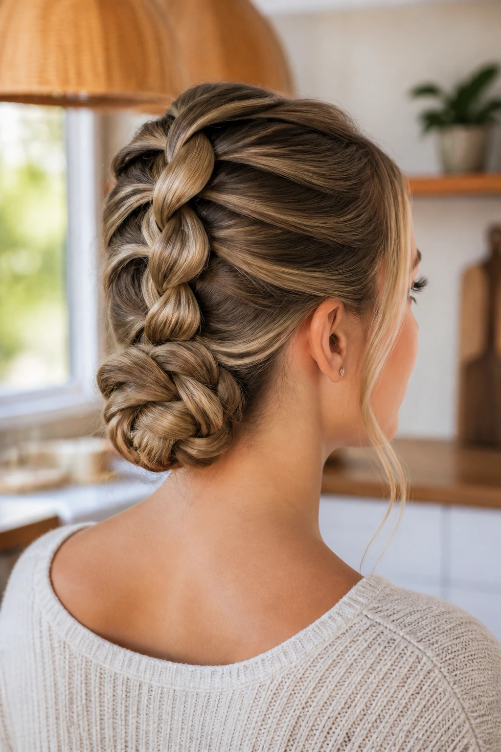 Close-up of a real woman wearing a pull-through braid bun with stacked loops