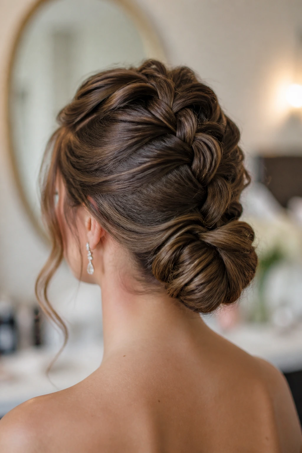 Close-up of a real bride with a pull-through braid chignon at the nape, highlighting the compact bun and braid texture.