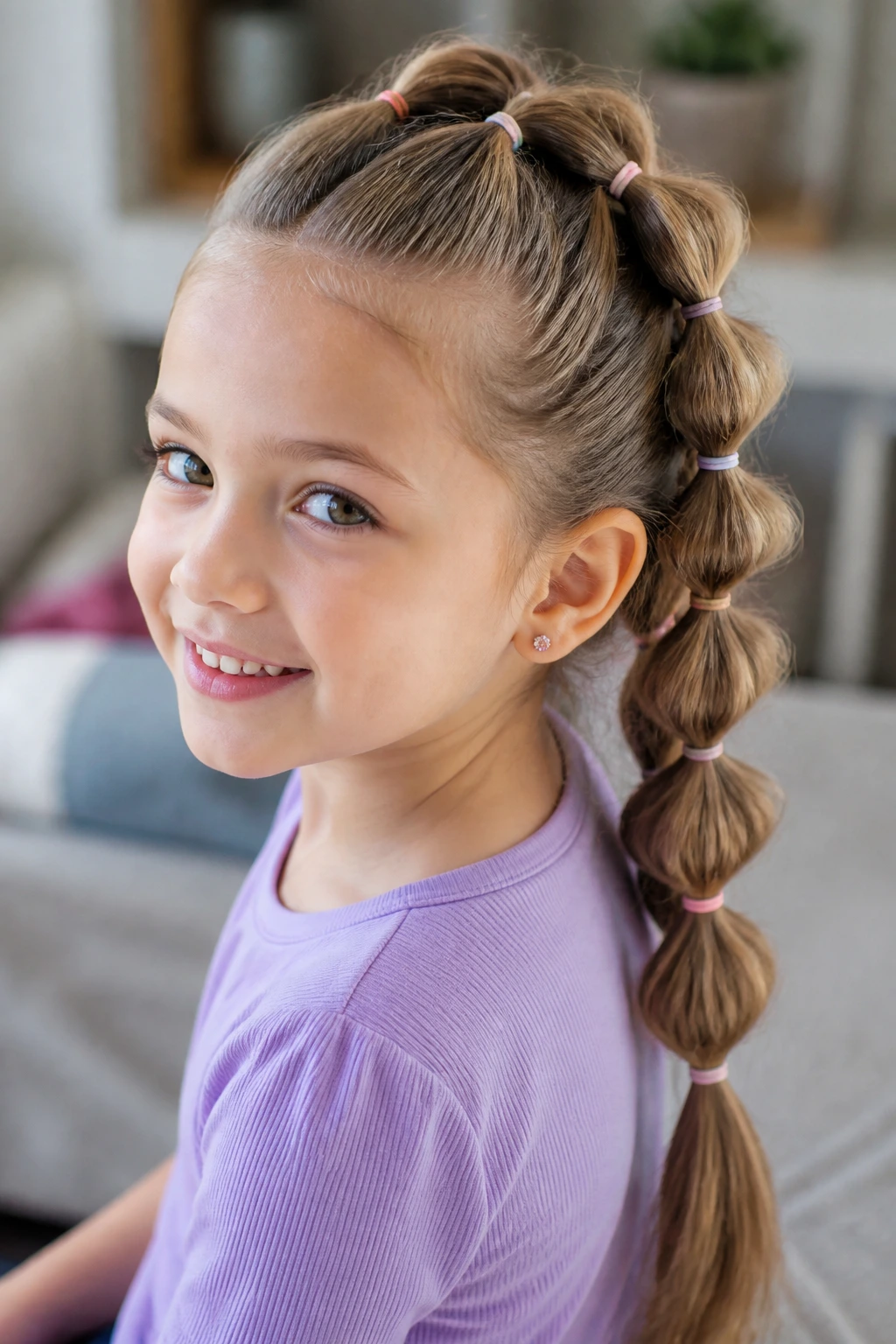 Close-up of a girl with a pull-through pony braid showing elastics along the ponytail