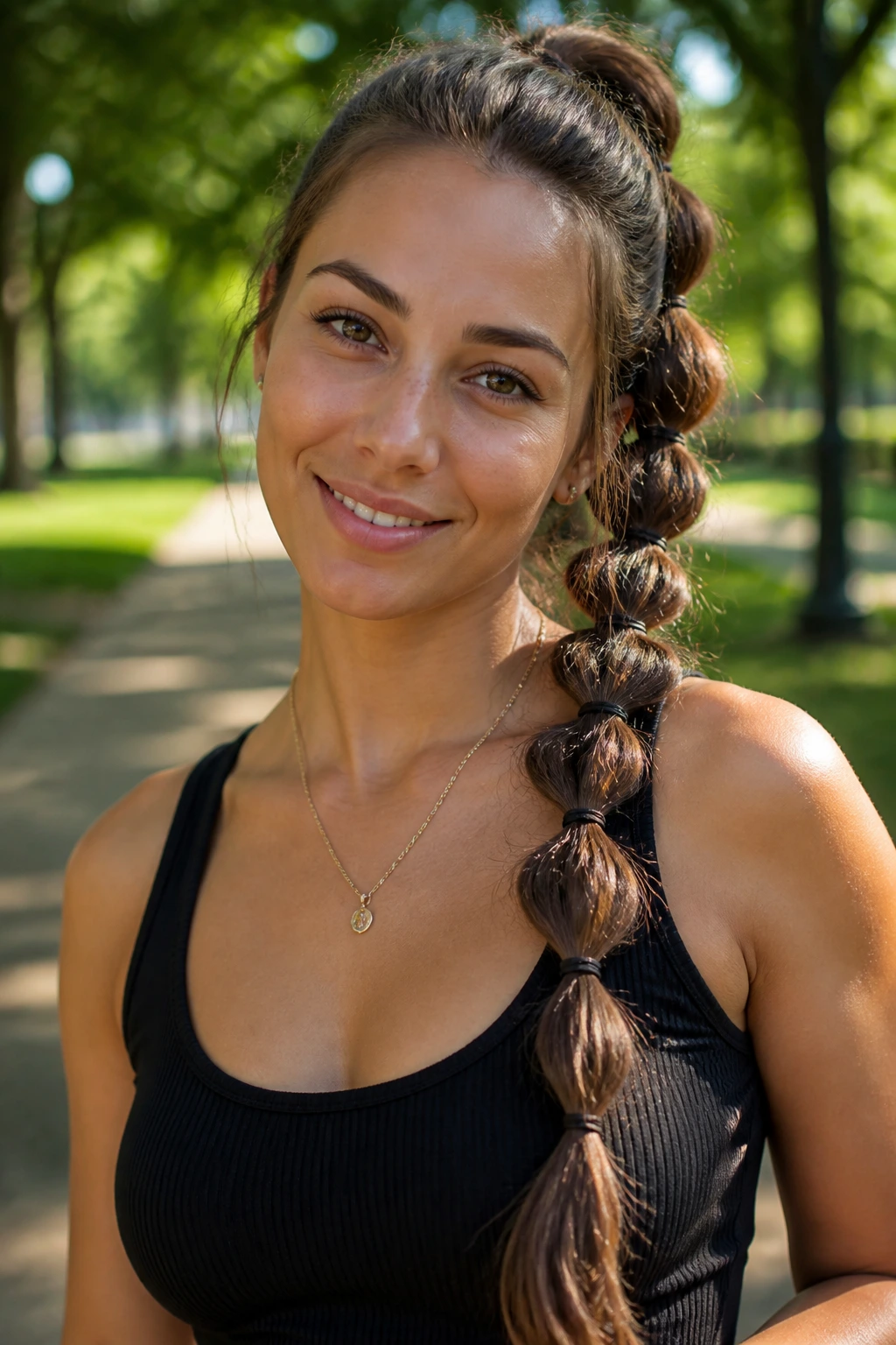 Portrait of a real woman with a pull-through braid in a park