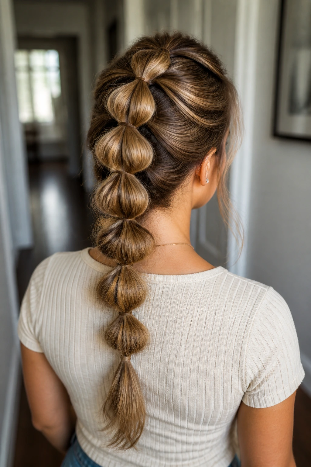 Back view of woman displaying pull-through braid with looping ponytails.