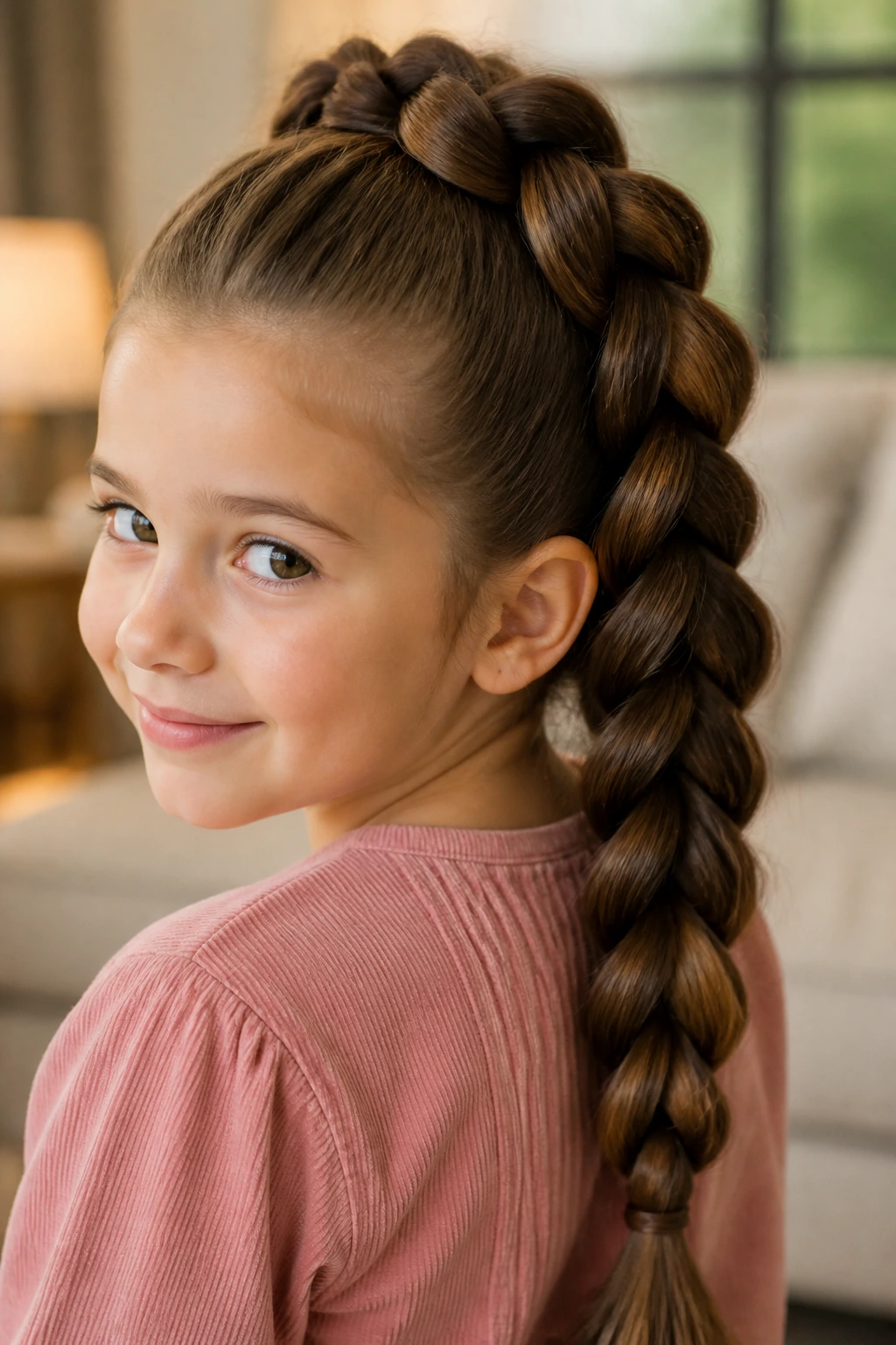 Close-up of a real child with a pull-through braid visible on the crown