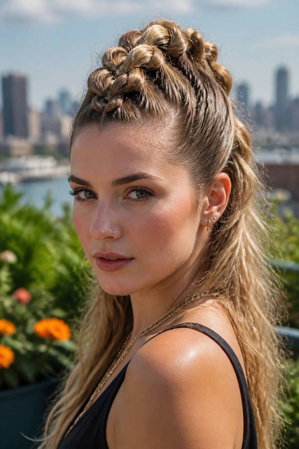 Close-up portrait of a real woman with a pull-through braid hawk forming chunky rounded sections.