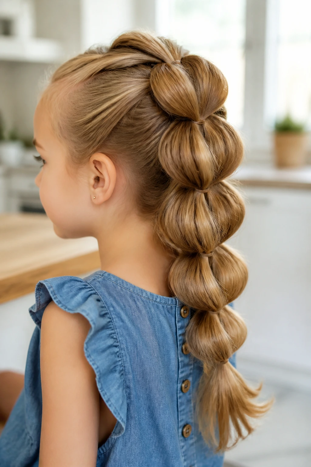 Real child with a voluminous pull-through braid in a sunny home setting
