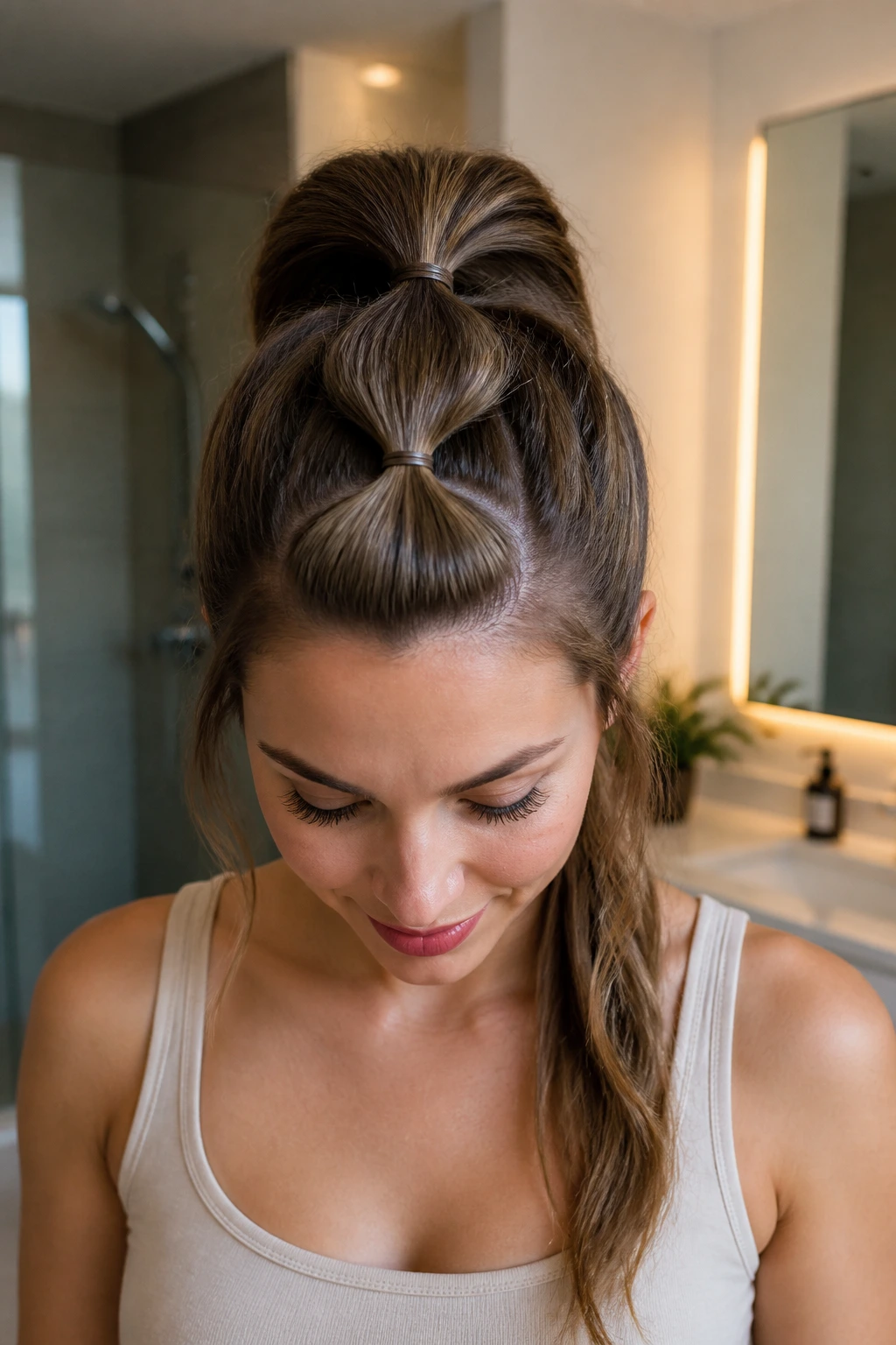 Close-up of a real woman showing a pull-through length booster braid.