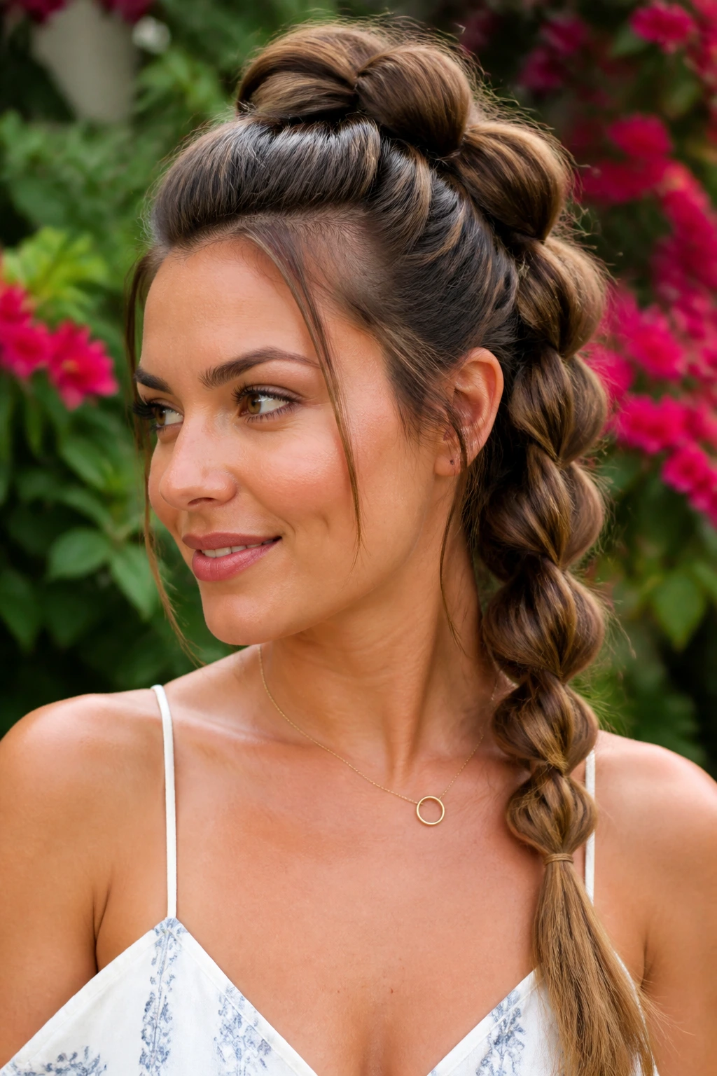 Close-up of a real woman with a thick pull-through crown braid