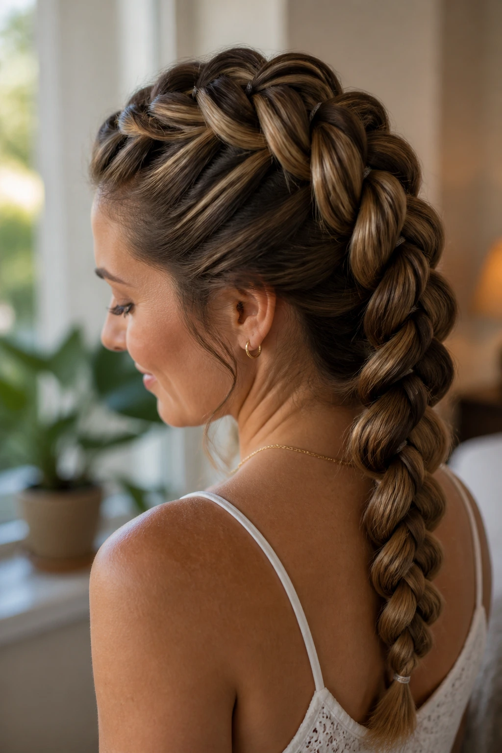 Close-up portrait of a real woman with a pull-through braid and elastics, soft natural light.