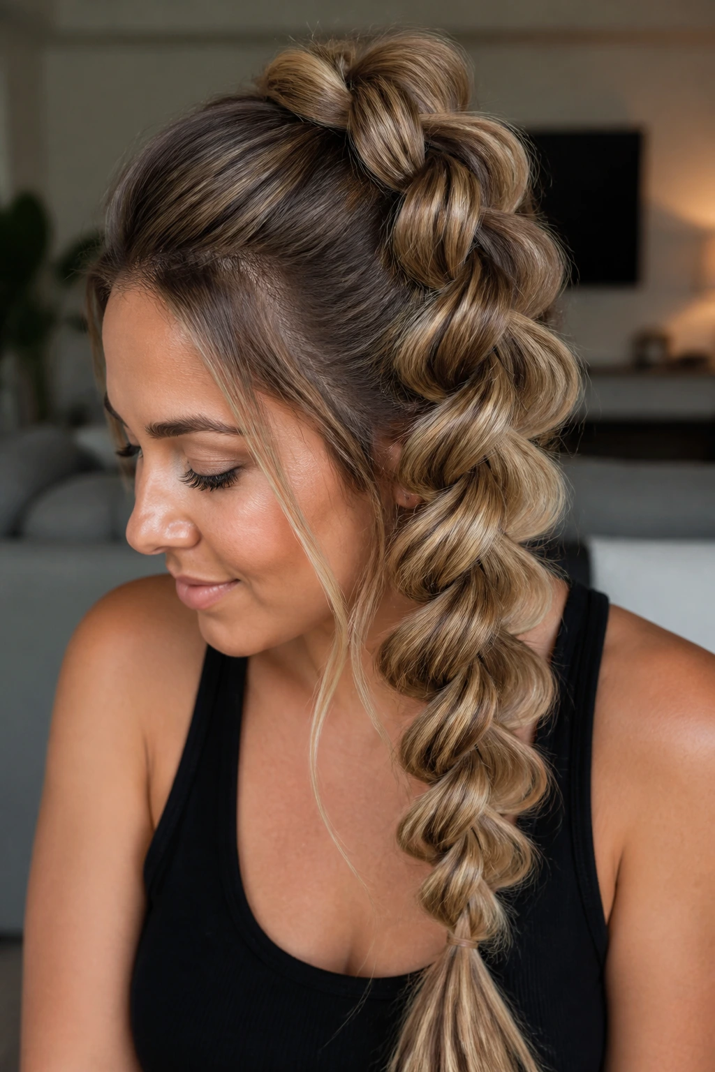 Pull-through braid with pancake sections on a real person