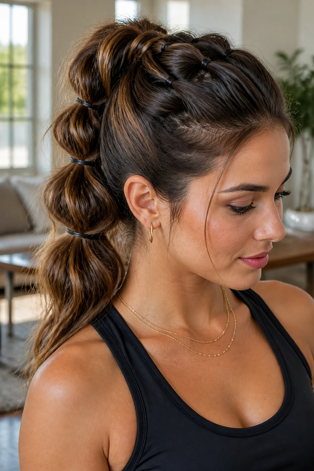 Close-up of a real woman with a pull-through braid ponytail in a bright, modern living room.