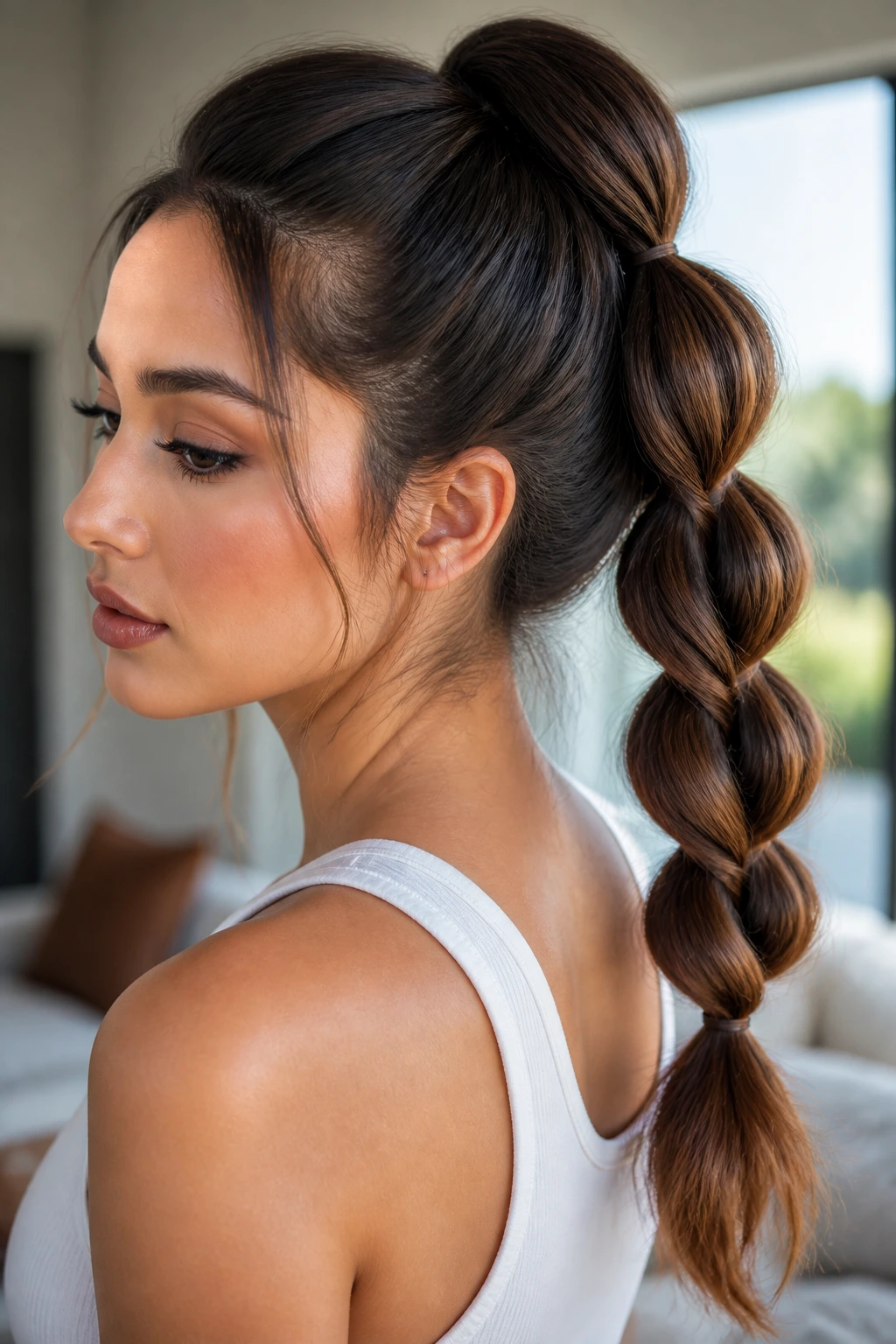 Close-up of a woman with a pull-through braid ponytail showing stacked loops