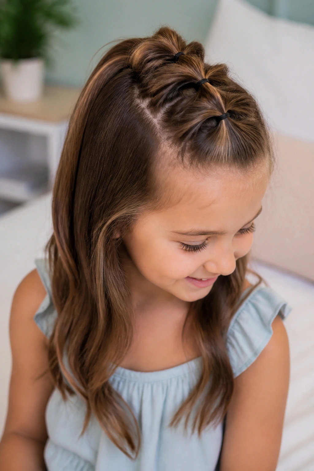 Close-up of a girl with a pull-through braid on top of the head