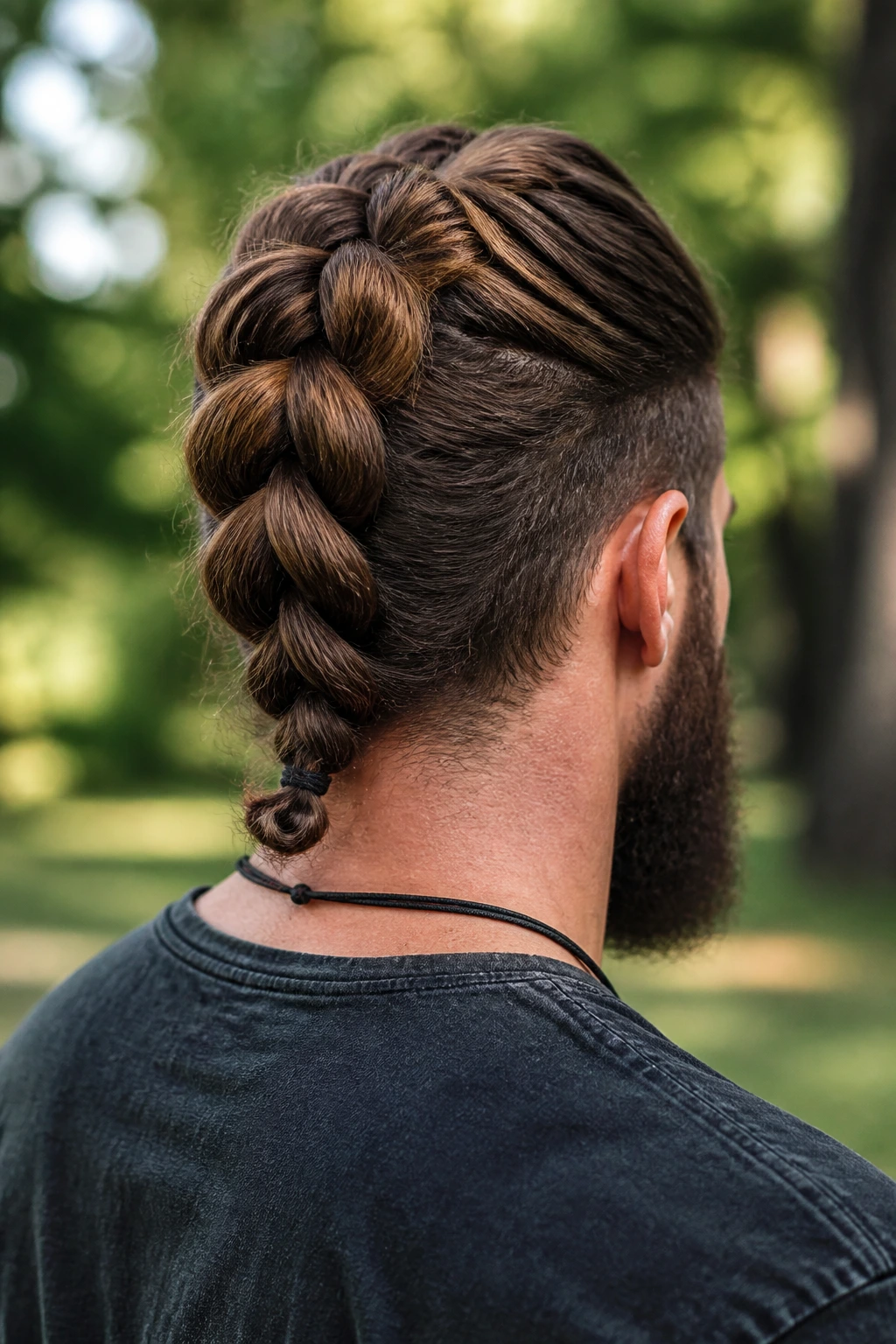 Back-of-head portrait of a man with pull-through braid in park light