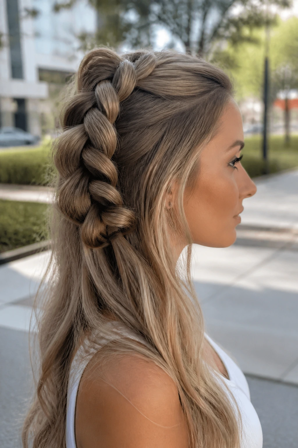 Side-profile of a real woman with a pull-through braid in daylight